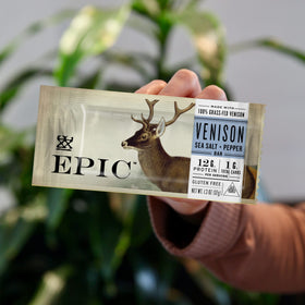 EPIC Venison Sea Salt and Pepper bar ingredients featuring grass-fed venison