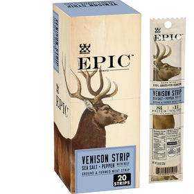 EPIC Venison Strips with Beef packaging shows the 20-count box for on-the-go snacking.