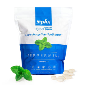 Epic Xylitol Peppermint Gum pack on table for fresh breath after meals