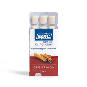 Epic Xylitol Cinnamon Gum dentist-approved symbol on box