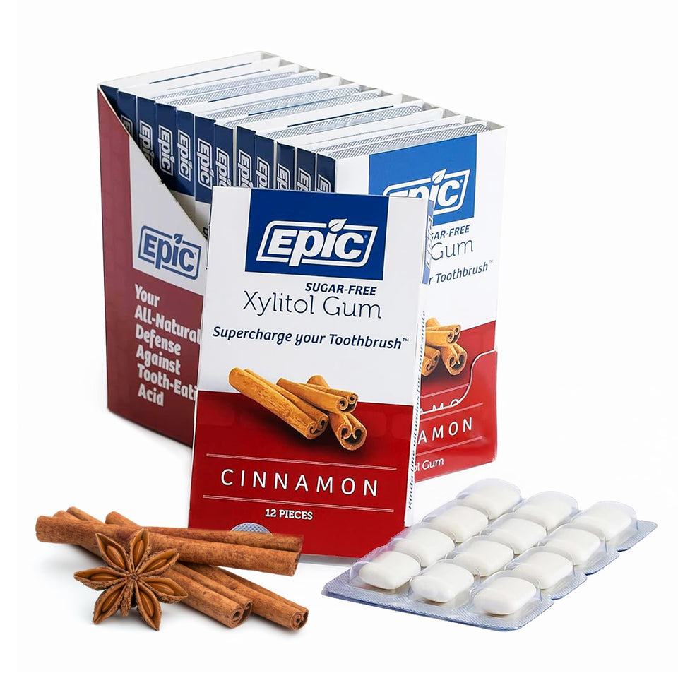 Epic Xylitol Cinnamon Gum pack on white background; sugar-free with fresh breath