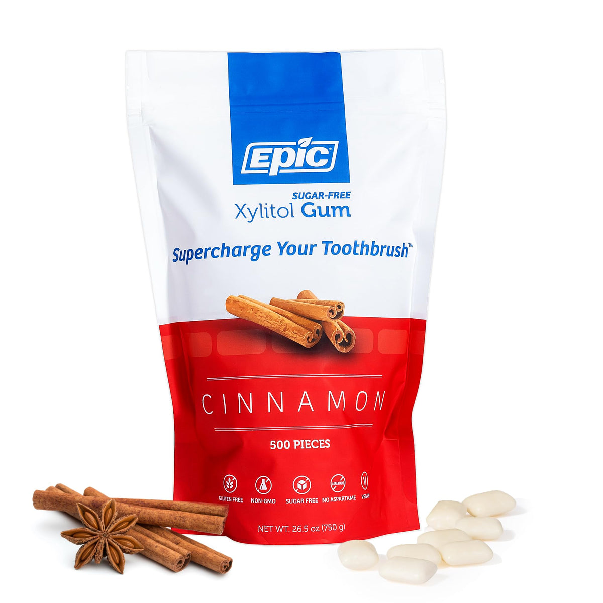 Epic Xylitol Cinnamon gum packaging closeup highlights sugar-free formula for oral freshness.
