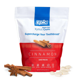 Epic Xylitol Cinnamon Gum packaging highlights a 1000-piece box for daily use