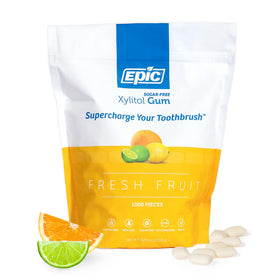 Epic Xylitol Fresh Fruit Gum pack-shot emphasizes daily fresh breath with 1000-piece supply