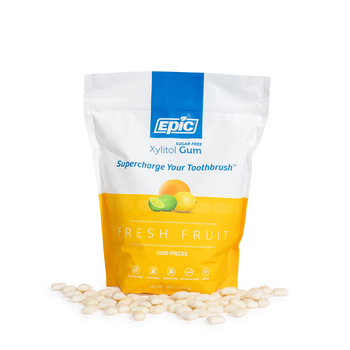 Epic Xylitol Fresh Fruit Gum sugar-free badge signals guilt-free snacking