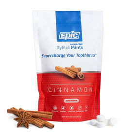 Epic Xylitol Mints Cinnamon pack close-up showing bold flavor for long-lasting fresh breath