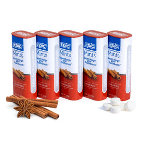 Epic Xylitol Mints Cinnamon packaging shows a 5-pack box for travel