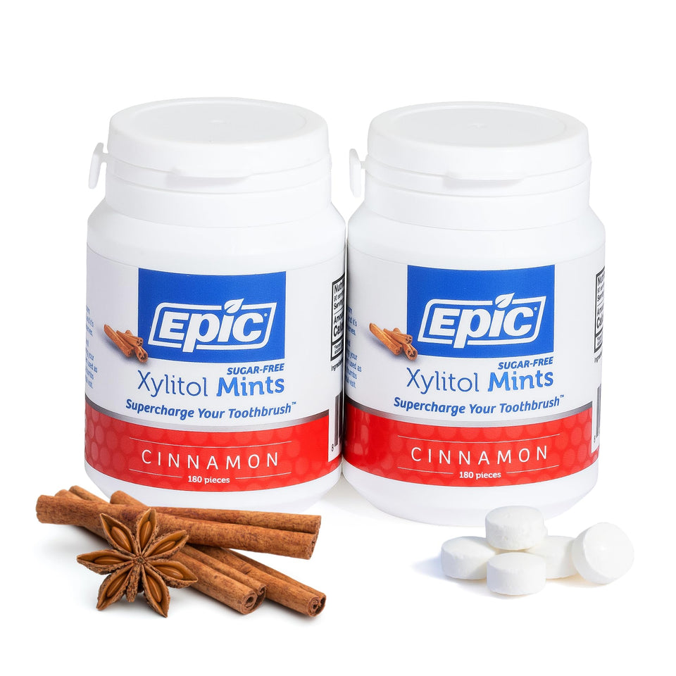 Epic xylitol mints bottle front view, cinnamon flavor for fresh breath