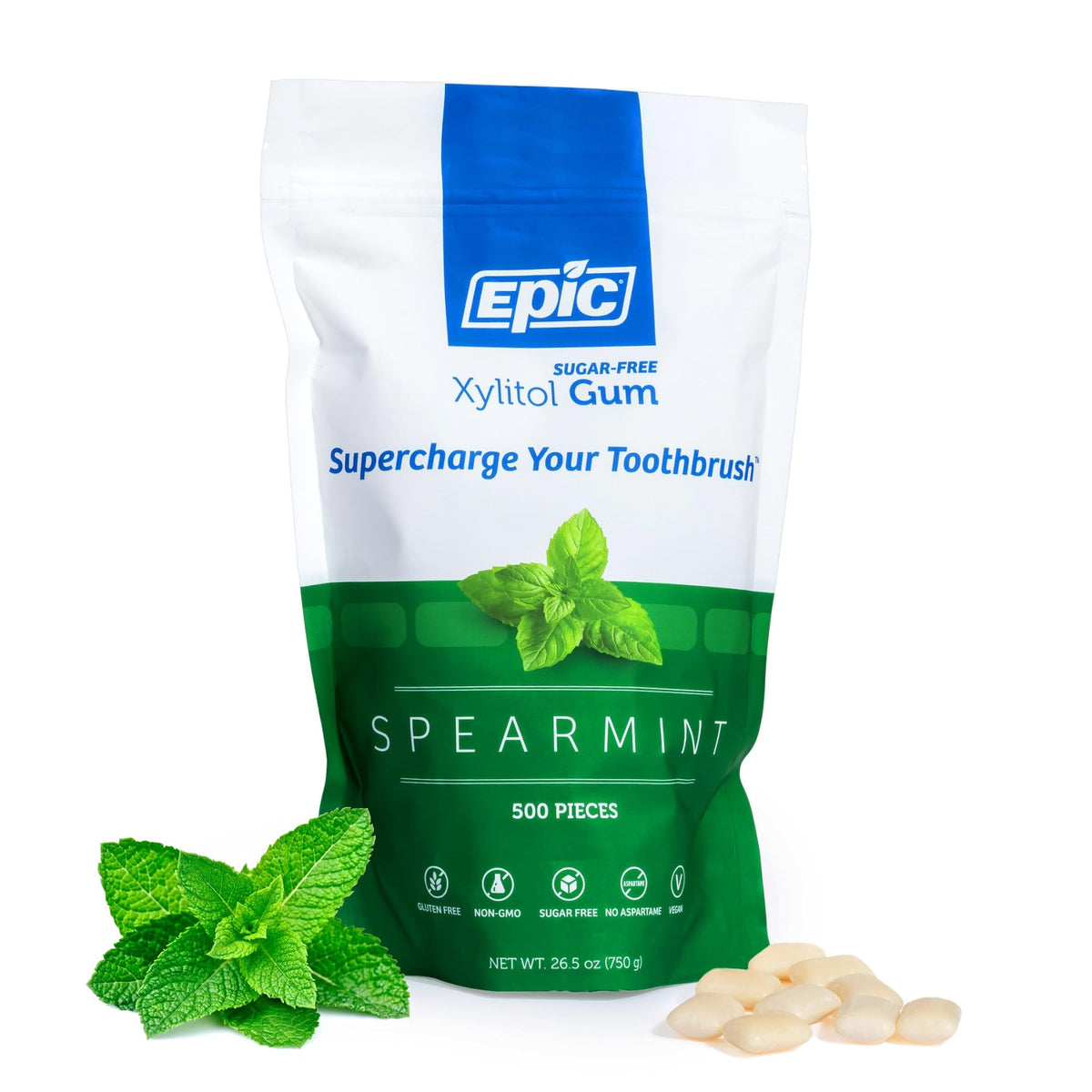 Epic Xylitol Spearmint gum piece delivering long-lasting freshness