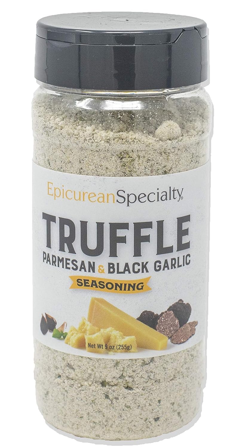 Epicurean Specialty truffle seasoning two-pack jar showcases parmesan and black garlic.