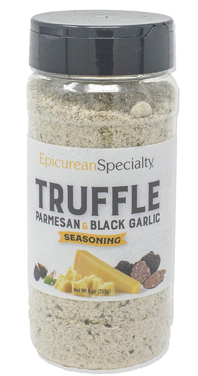 Epicurean Specialty truffle seasoning two-pack jar showcases parmesan and black garlic.