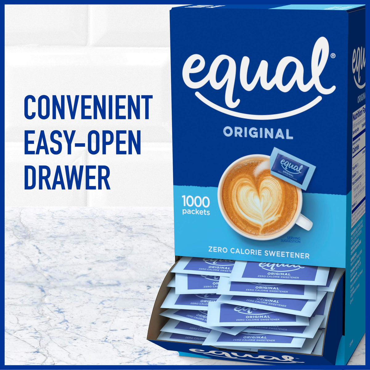 Equal 0 Calorie Sweetener coffee cup demonstrates zero calories per serving.