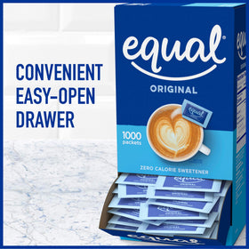 Equal 0 Calorie Sweetener coffee cup demonstrates zero calories per serving.