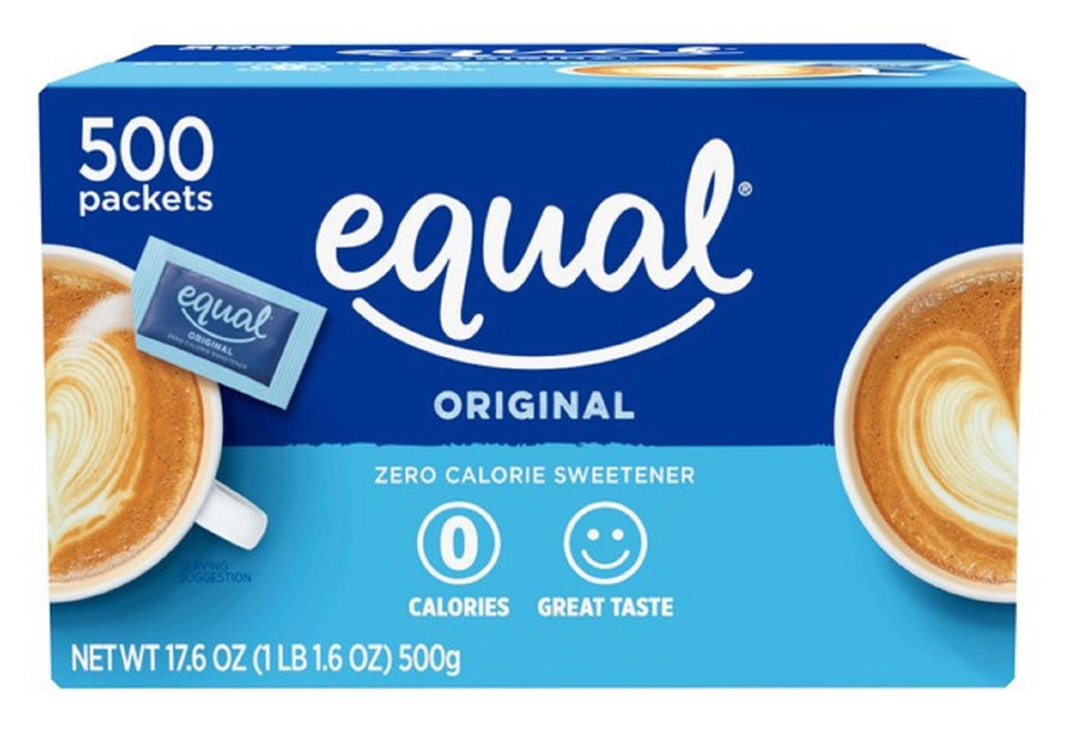 Equal 0 Calorie Sweetener packets array with zero calories per serving.