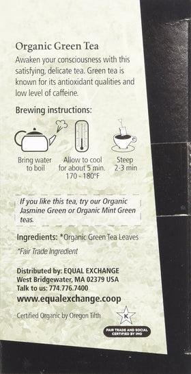 Equal Exchange green tea brew in a cup with ethically sourced greens.