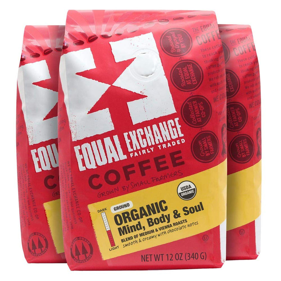 Equal Exchange Mind Body Soul Drip three-pack 12-oz for convenient home brewing.