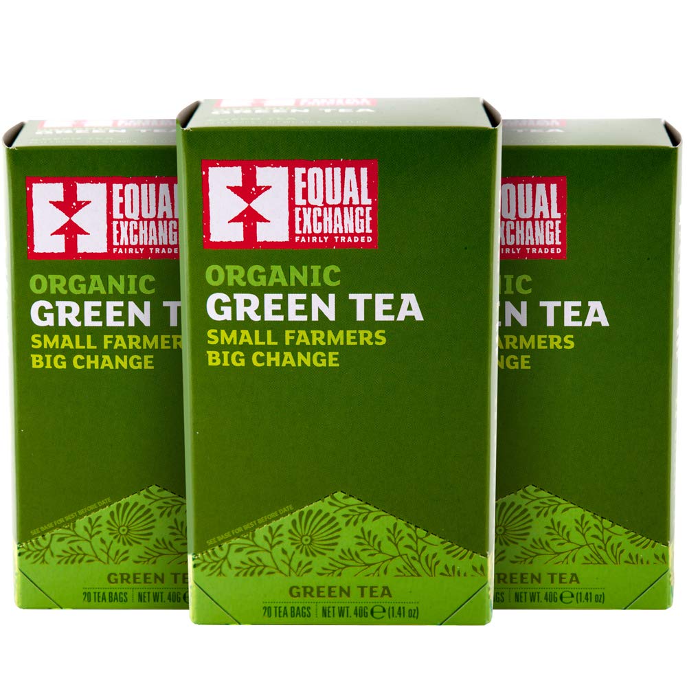 Equal Exchange organic green tea bags for a bright, sustainable cup.