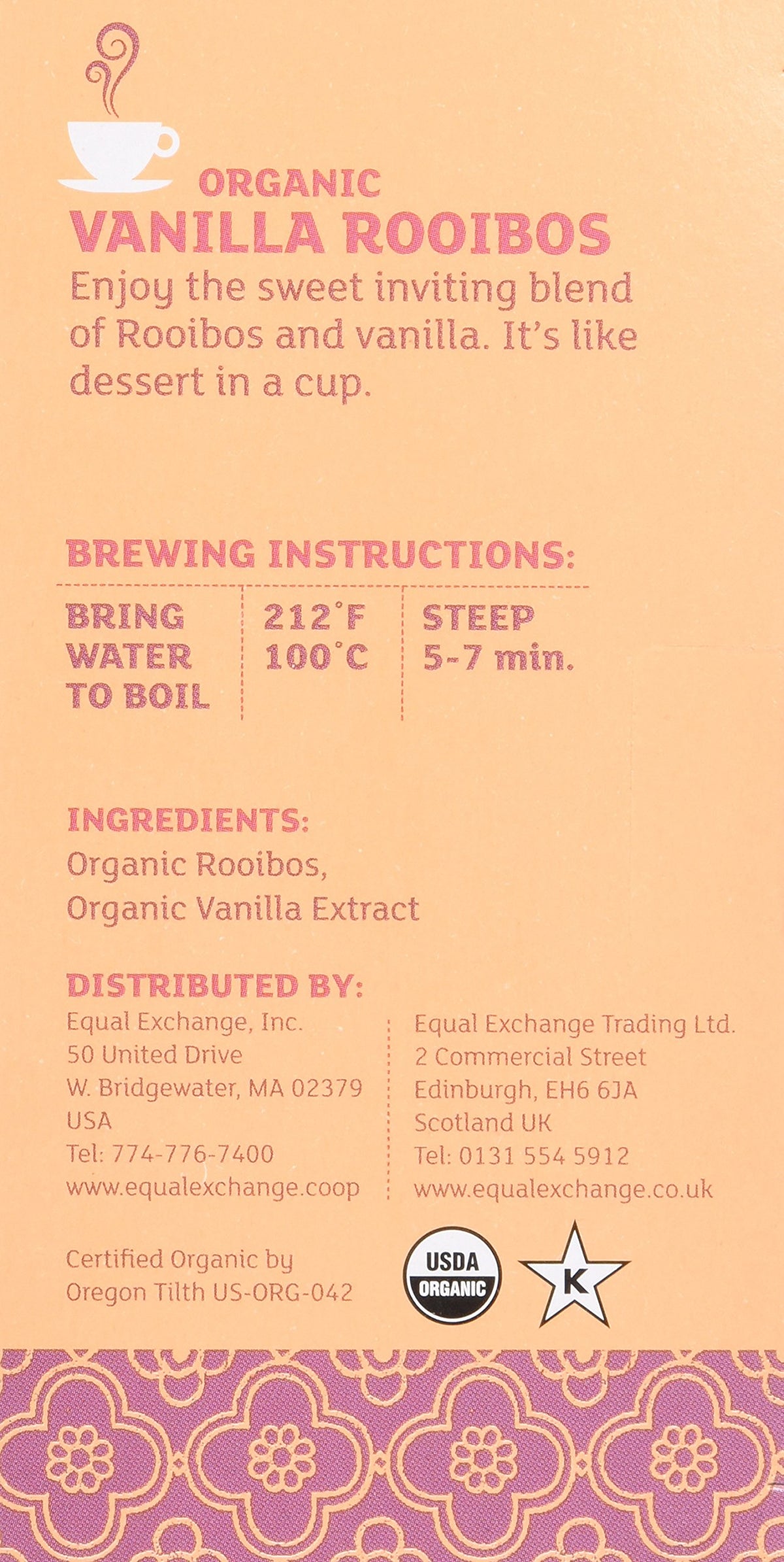 Equal Exchange Vanilla Rooibos Tea 60-count close-up highlights convenient, long-lasting pack.