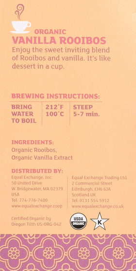 Equal Exchange Vanilla Rooibos Tea 60-count close-up highlights convenient, long-lasting pack.