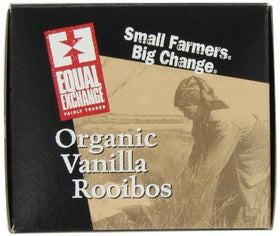 Equal Exchange Organic Vanilla Rooibos Tea display emphasizes community-grown flavor and democratic farming.