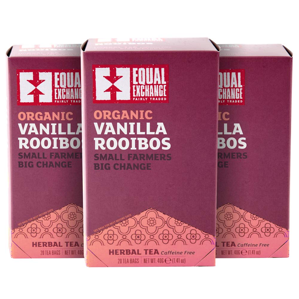 Equal Exchange Organic Vanilla Rooibos Tea pack-3 display, perfect for sharing at tea time.