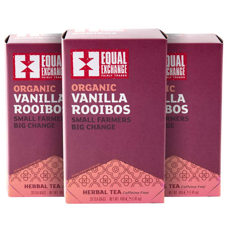 Equal Exchange Organic Vanilla Rooibos Tea pack-3 display, perfect for sharing at tea time.