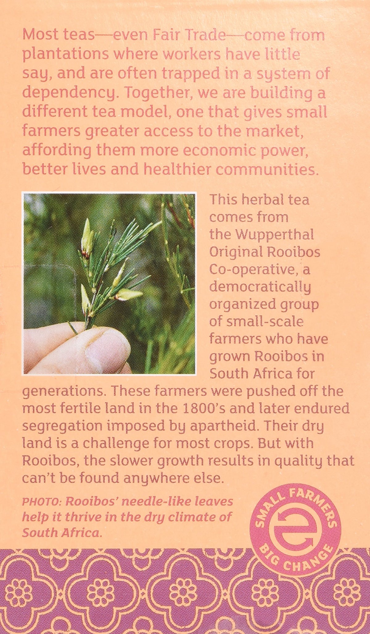 Equal Exchange Organic Vanilla Rooibos Tea packaging close-up highlighting organic sourcing and fair trade values.