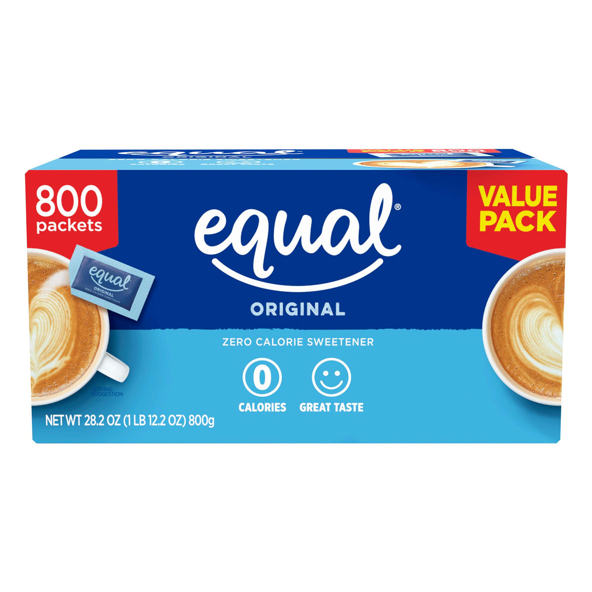 Equal Pink packets beside a coffee cup delivering zero-calorie sweetness for hot beverages