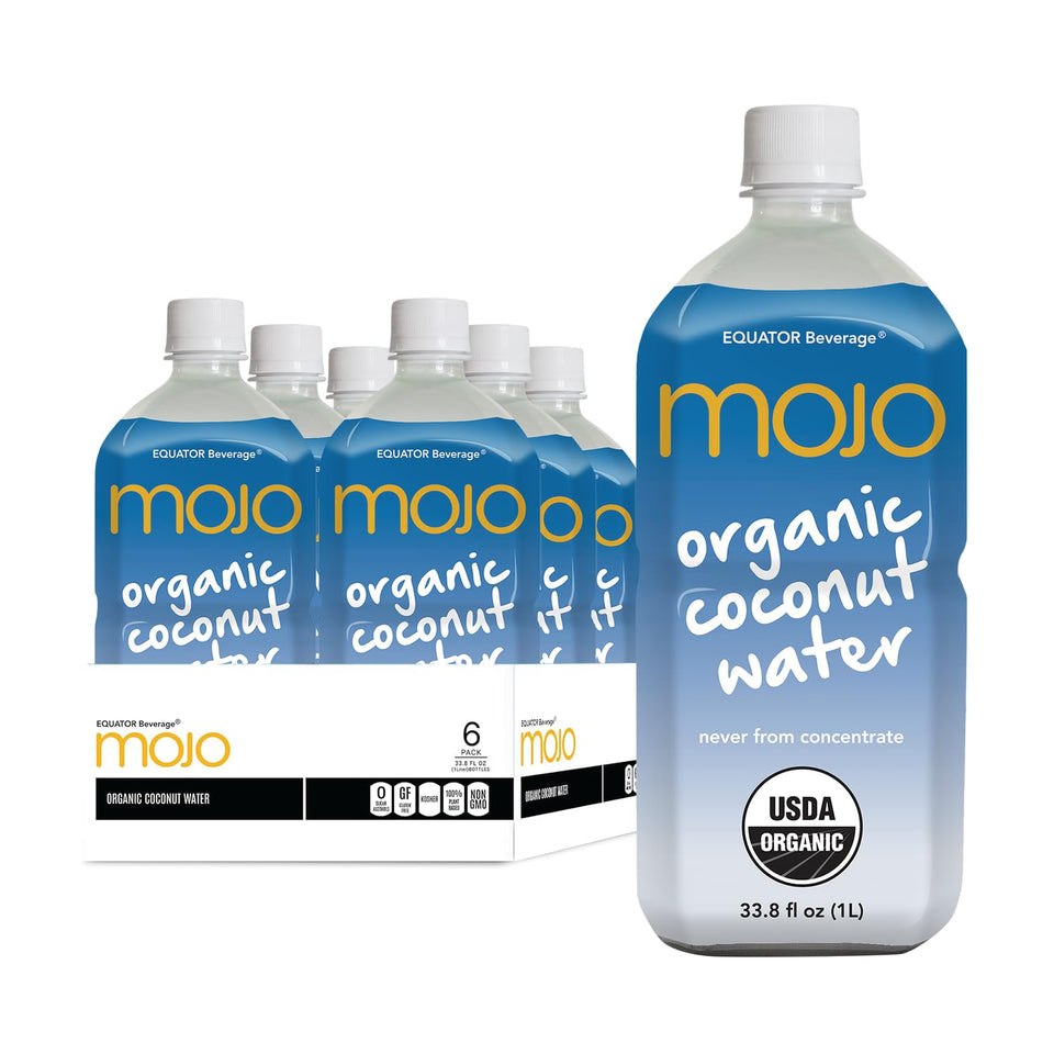 Equator Mojo bottle front view highlighting organic coconut water for daily hydration.