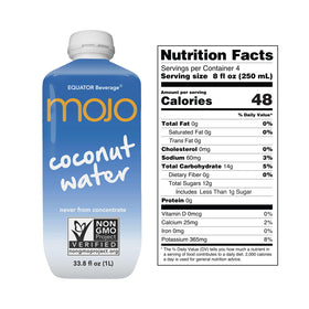 Equator MOJO coconut water bottle-side highlights portable electrolytes for post-workout recovery.