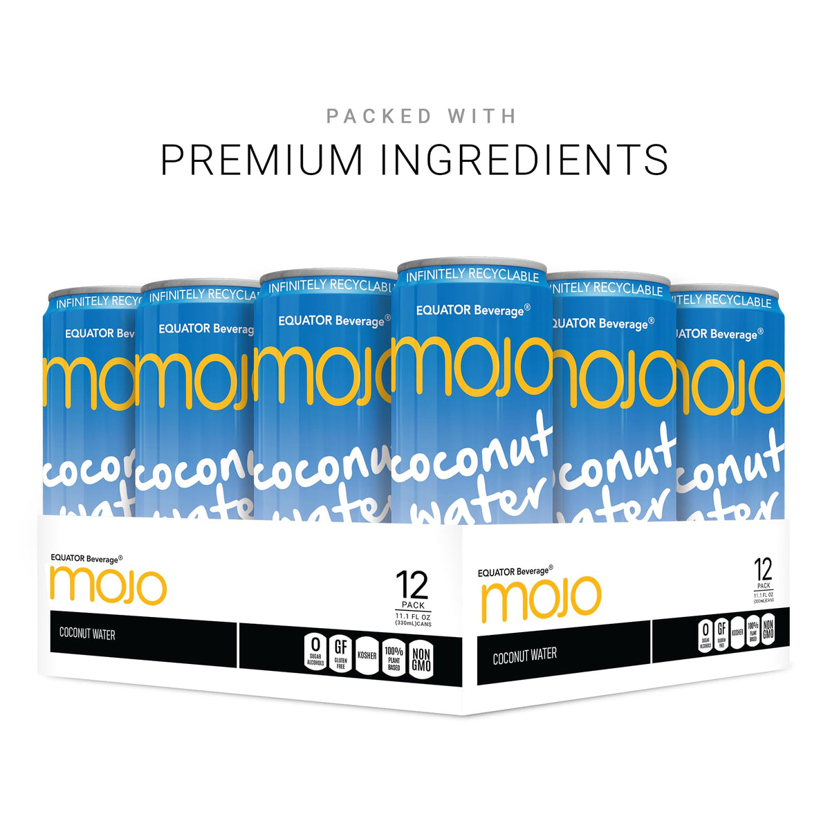 EQUATOR MOJO coconut water label close-up highlighting vitamins.