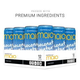 EQUATOR MOJO coconut water label close-up highlighting vitamins.