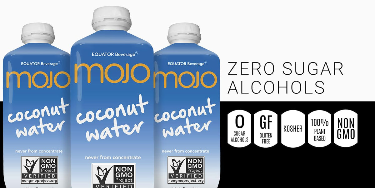 Equator MOJO coconut water label-closeup highlights natural ingredients and vitamin boost.