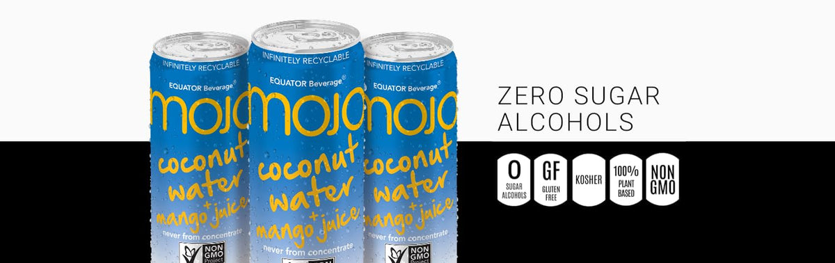 Equator MOJO ingredients visual emphasizes coconut water and mango flavor
