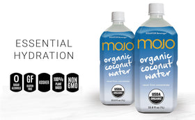 Equator Mojo label close-up showing vegan gluten-free coconut water.