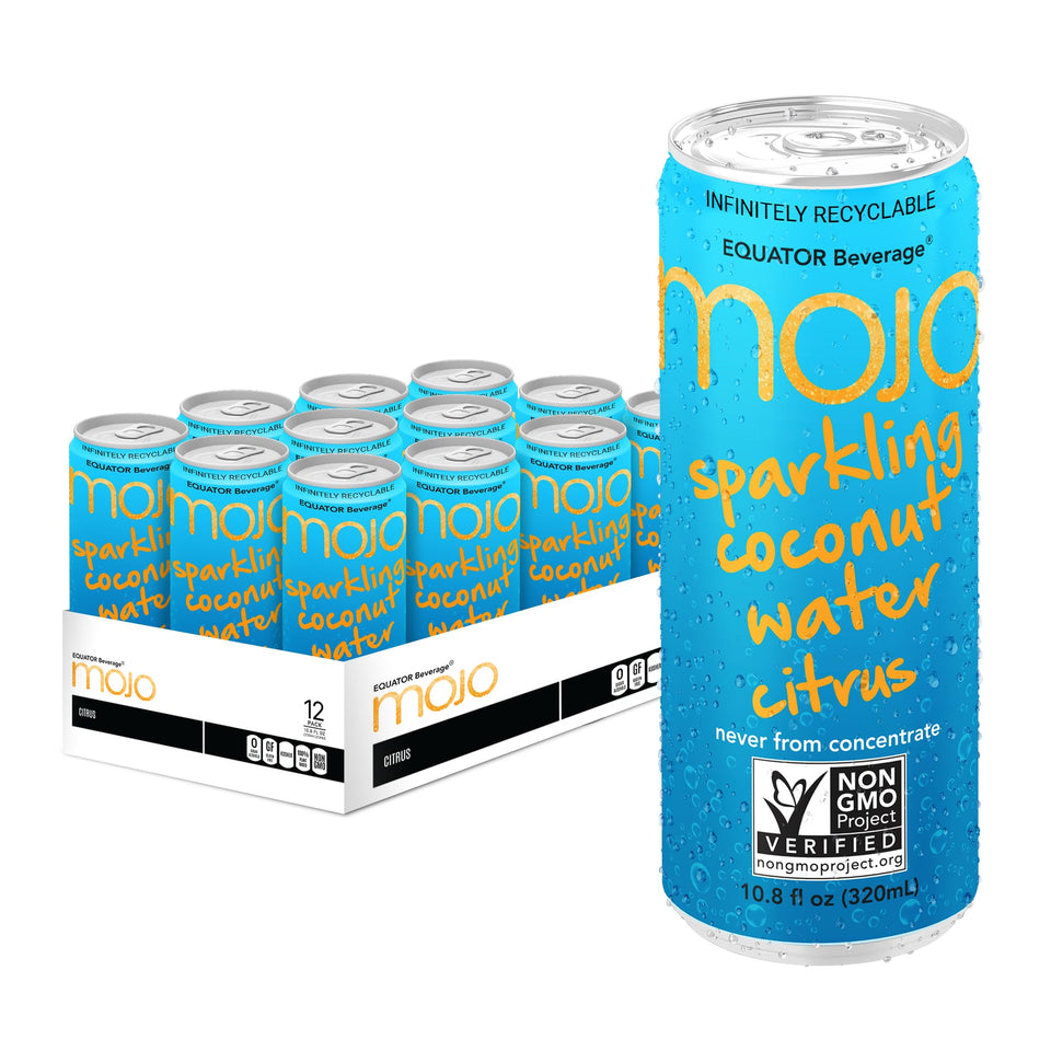 Equator MOJO Sparkling Coconut Water Citrus bottle delivering crisp hydration with electrolytes.