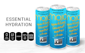 Glass of MOJO Sparkling Coconut Water Citrus with refreshing bubbles for hydration.