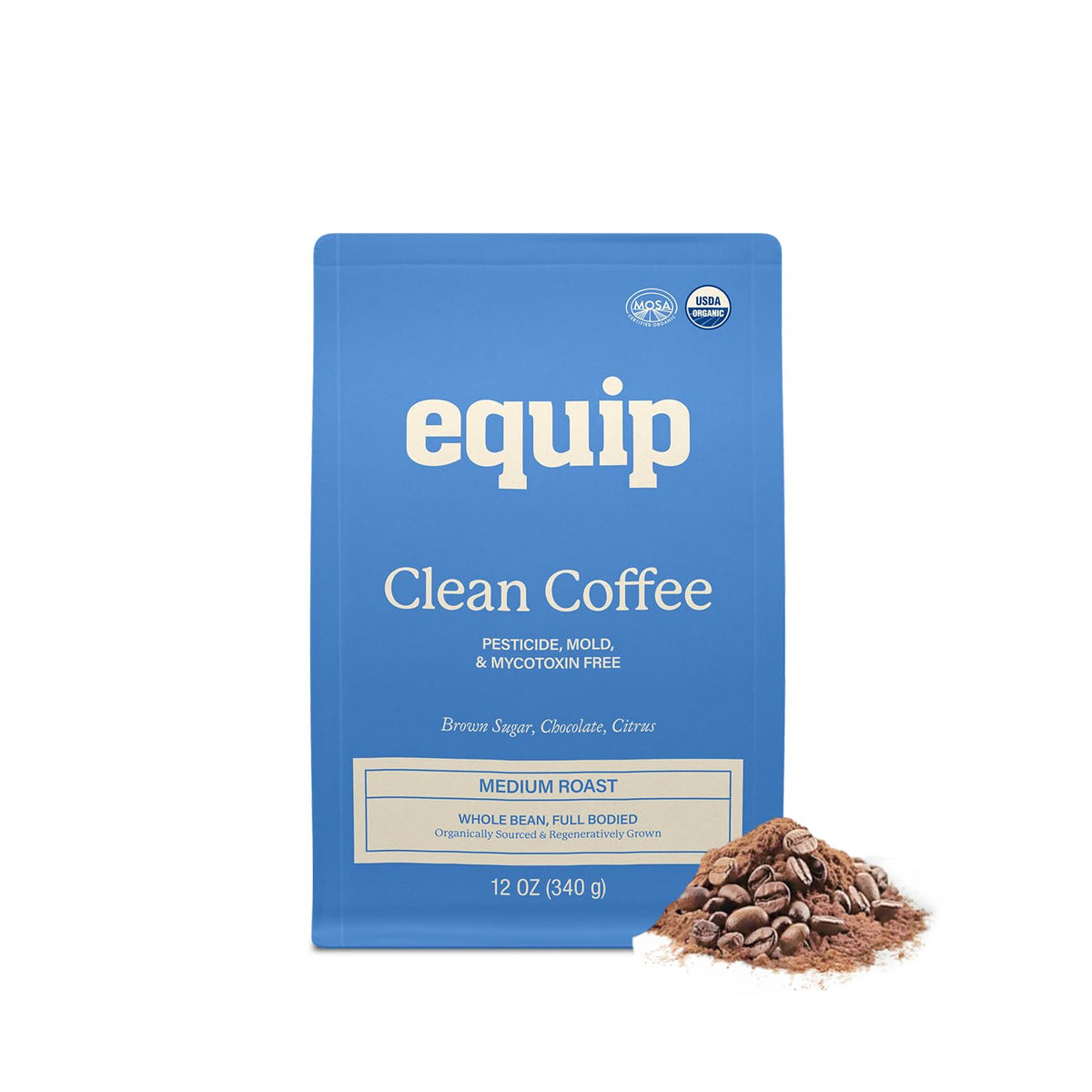 Equip Foods Clean Coffee bag front, showcasing branding and packaging elegance for the brew.