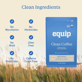 Closeup of Equip Foods Clean Coffee beans to highlight quality and aroma.