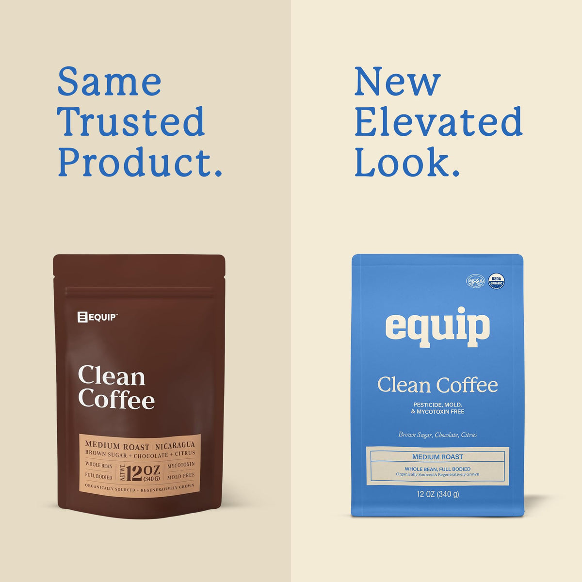 Hand pouring Equip Foods Clean Coffee to illustrate a fresh brew ready moment.