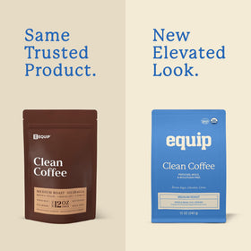 Hand pouring Equip Foods Clean Coffee to illustrate a fresh brew ready moment.