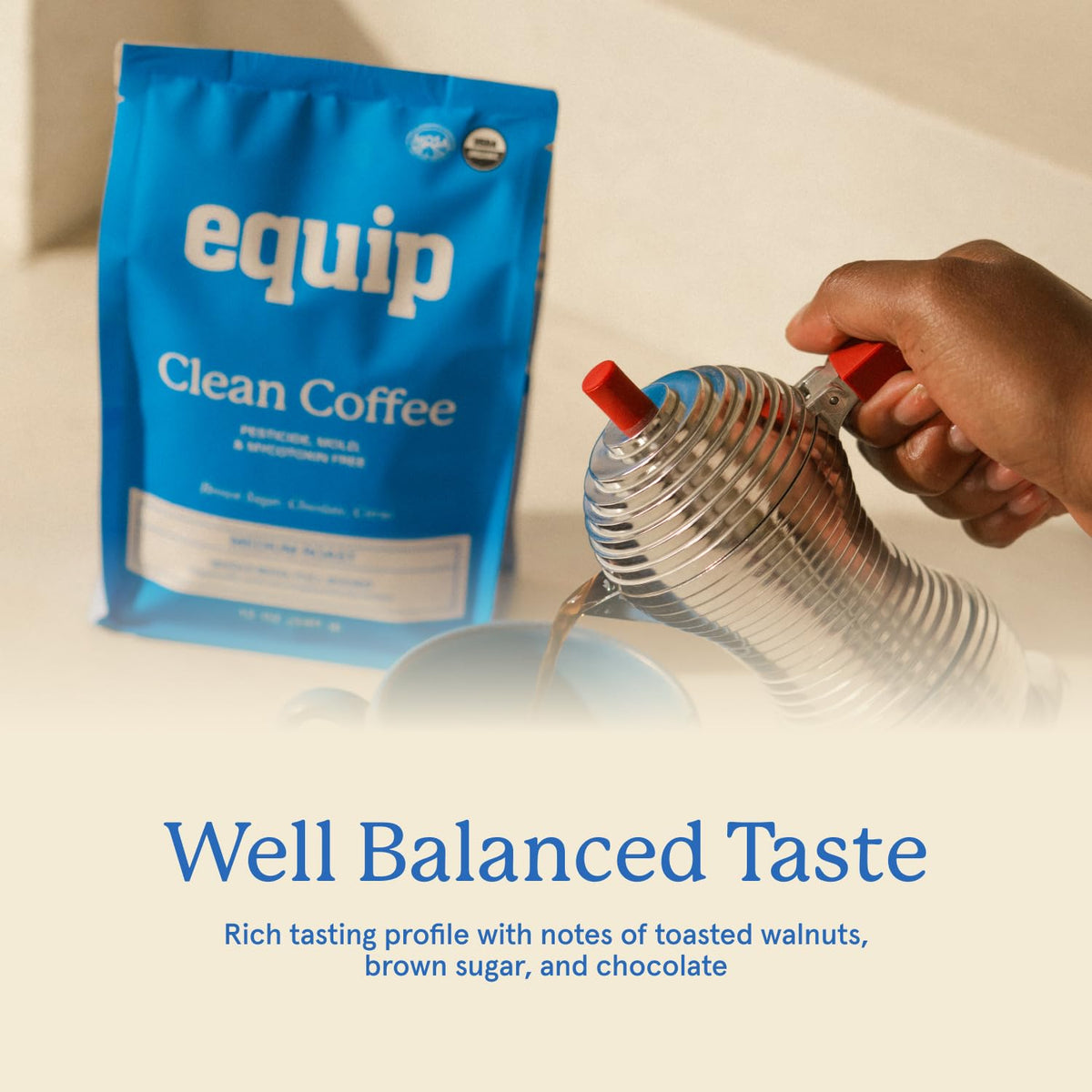 Steaming cup of Equip Foods Clean Coffee, inviting and ready to enjoy.