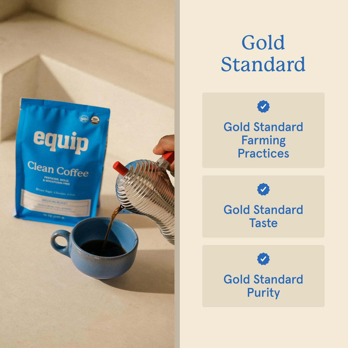 Closeup of Equip Foods Clean Coffee label with certifications and origin details.