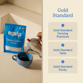 Closeup of Equip Foods Clean Coffee label with certifications and origin details.