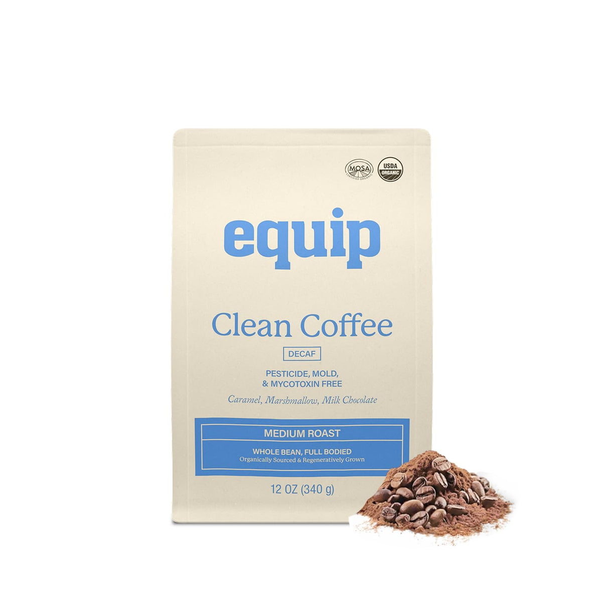 Equip Foods Decaf Clean Coffee bag front shows premium organic blend for daily, smooth flavor.