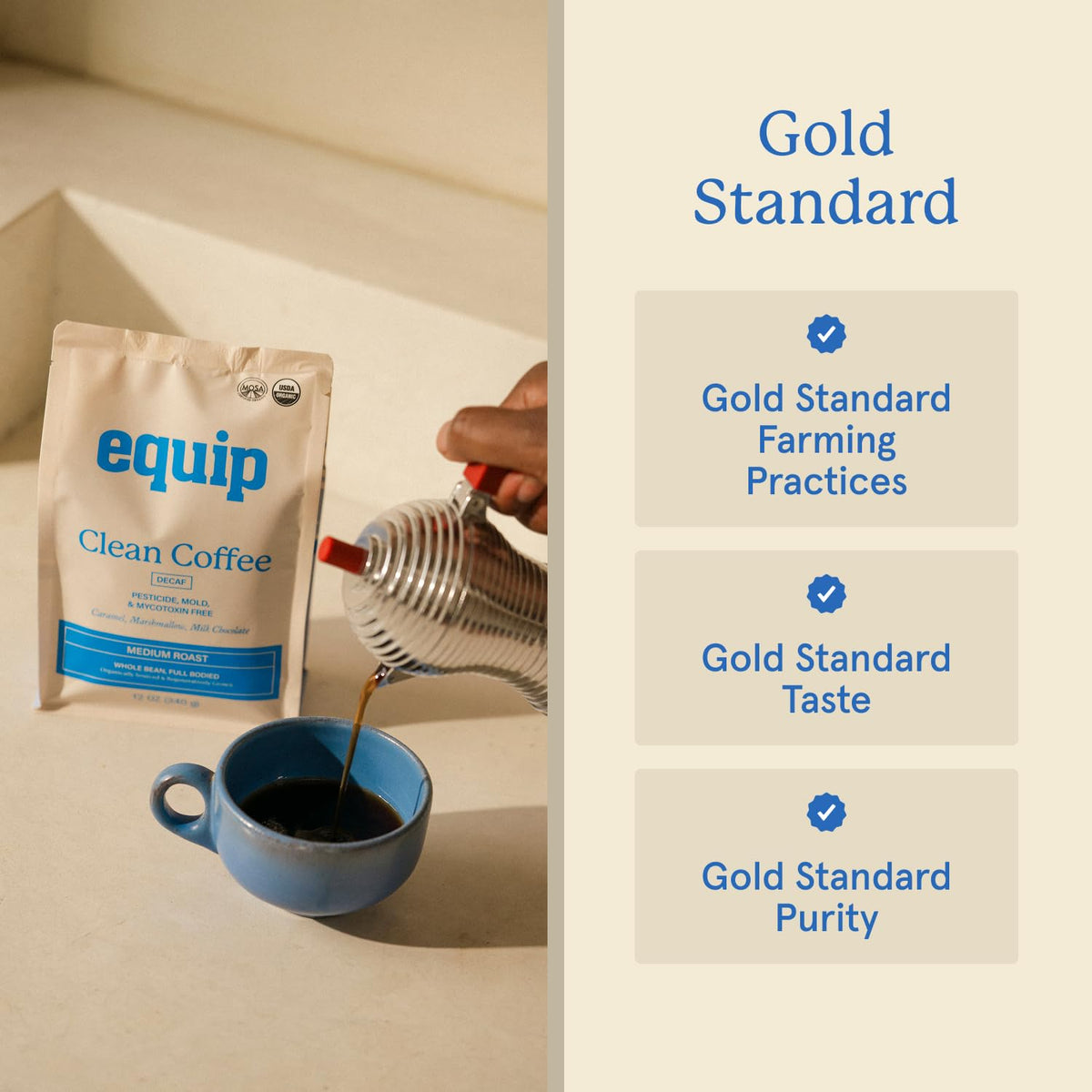 Equip Foods Decaf Clean Coffee beans closeup conveys high-quality, mycotoxin-free preparation.
