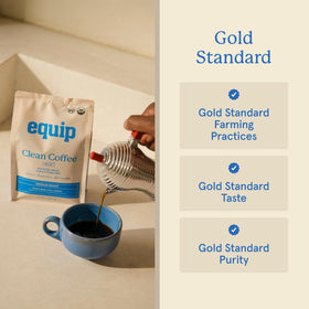 Equip Foods Decaf Clean Coffee beans closeup conveys high-quality, mycotoxin-free preparation.