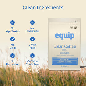 Equip Foods Decaf Clean Coffee brew cup steaming suggests inviting aroma and smooth taste.
