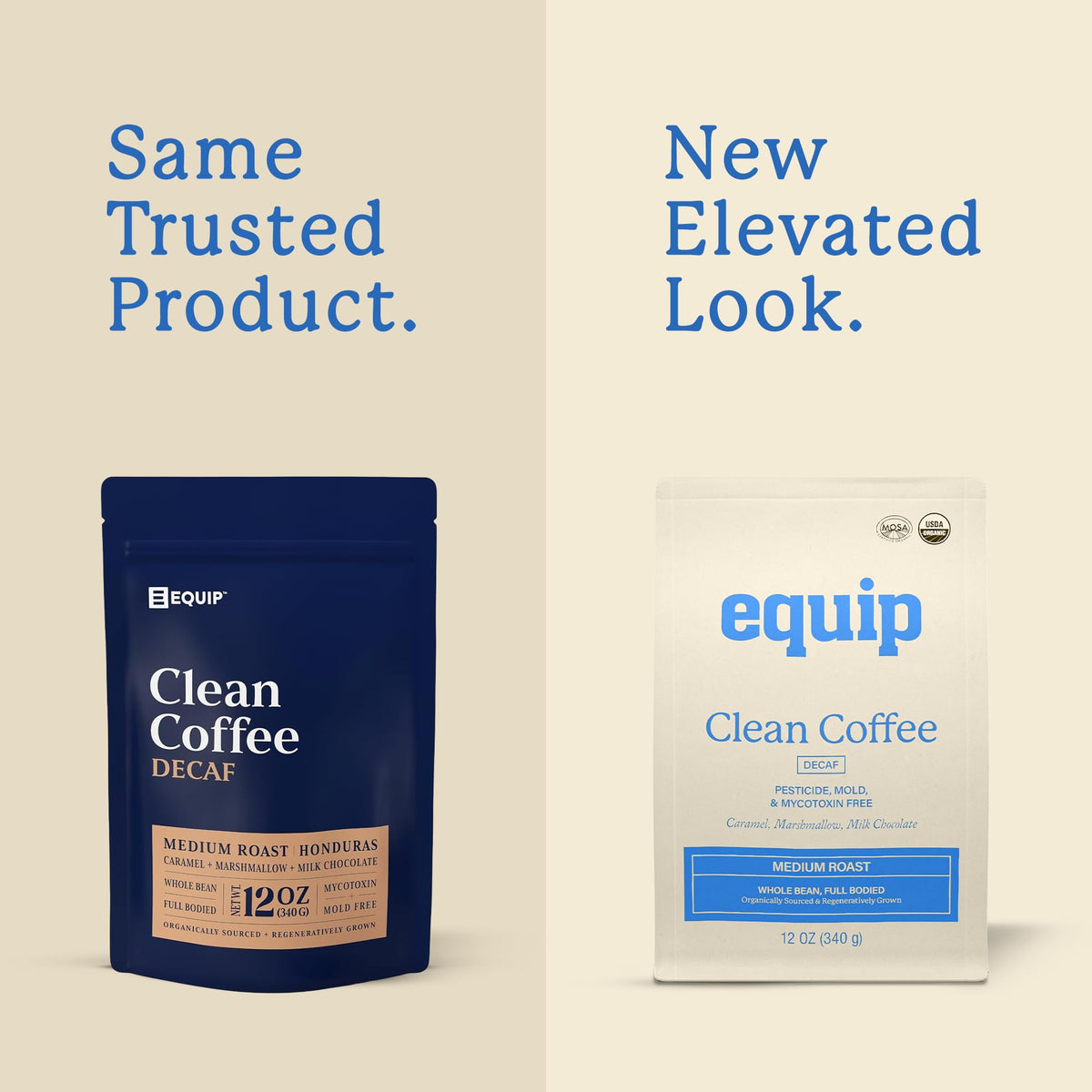 Equip Foods Decaf Clean Coffee label detail highlights Fair Trade and regenerative farming commitments.