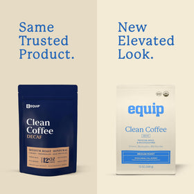 Equip Foods Decaf Clean Coffee label detail highlights Fair Trade and regenerative farming commitments.